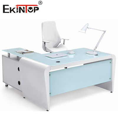 Desktop di vetro blu bianco del computer di ufficio di rettangolo con i cassetti e lo stoccaggio