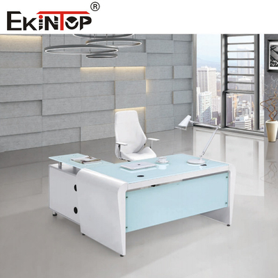 Desktop di vetro blu bianco del computer di ufficio di rettangolo con i cassetti e lo stoccaggio