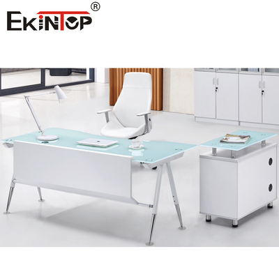 Desktop di vetro blu bianco del computer di ufficio di rettangolo con i cassetti e lo stoccaggio