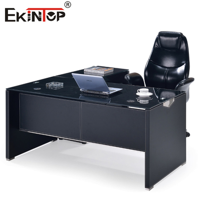 Modern Black Glass Computer Desk Con Gambe Metalliche Cassetto Dimensioni Personalizzate