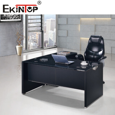 Modern Black Glass Computer Desk Con Gambe Metalliche Cassetto Dimensioni Personalizzate