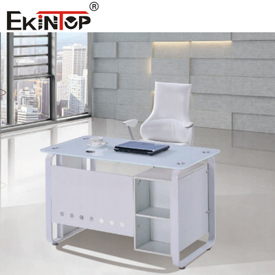 Tavolo da ufficio in vetro bianco blu con cassetto