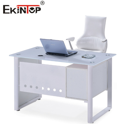 Tavolo da ufficio in vetro bianco e blu con desktop da 8 mm personalizzato