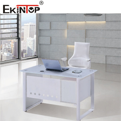 Tavolo da ufficio in vetro bianco e blu con desktop da 8 mm personalizzato
