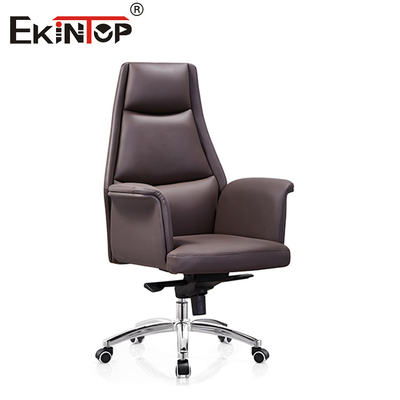 Sedia da ufficio in pelle marrone con funzione girevole e gambe metalliche