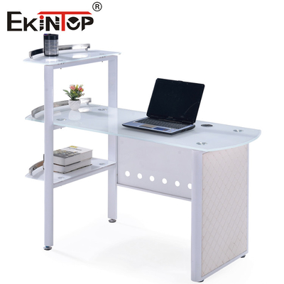 Tavolo da ufficio in vetro bianco e blu con desktop da 8 mm personalizzato